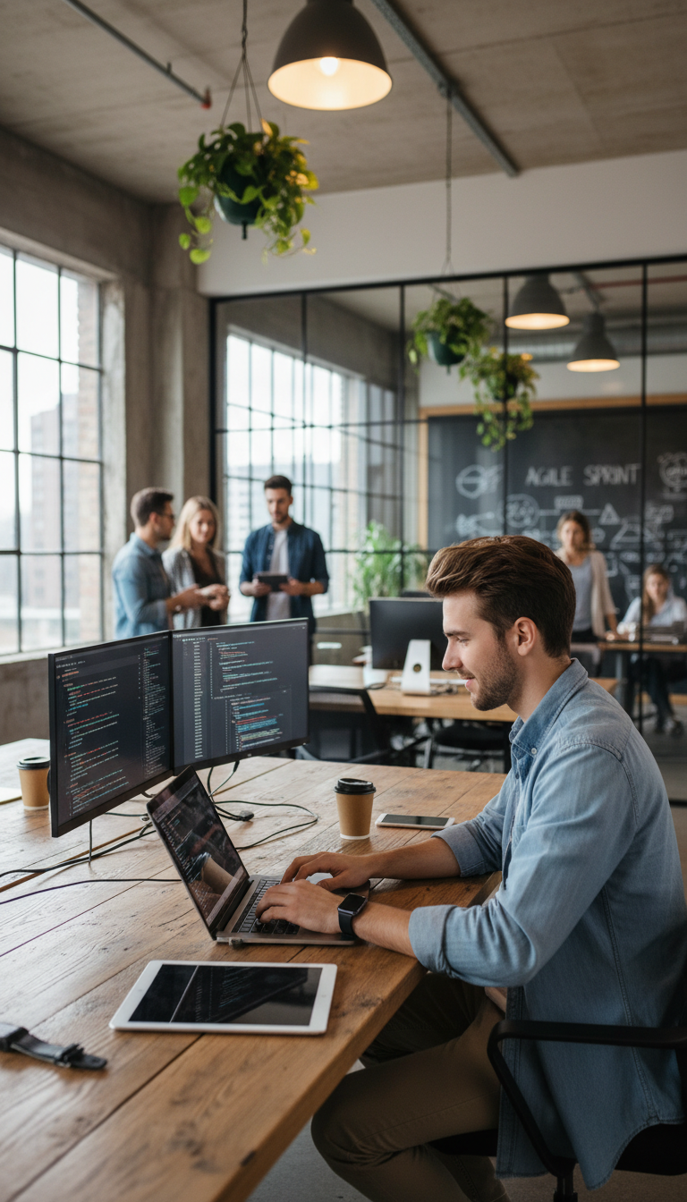 Junger Entwickler-Lehrling in moderner Büroumgebung, arbeitet motiviert am Laptop, digitales Business, technologieaffine Atmosphäre