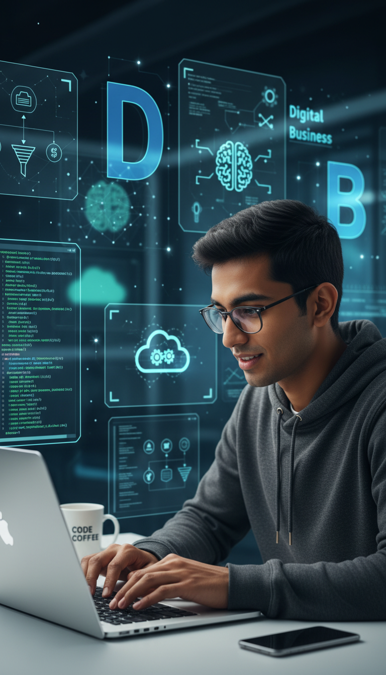 Ein Bild, das einen jungen Entwickler-Lehrling im digitalen Business zeigt – beispielsweise an einem modernen Arbeitsplatz mit Laptop, Code, und digitalen Konzepten im Hintergrund.