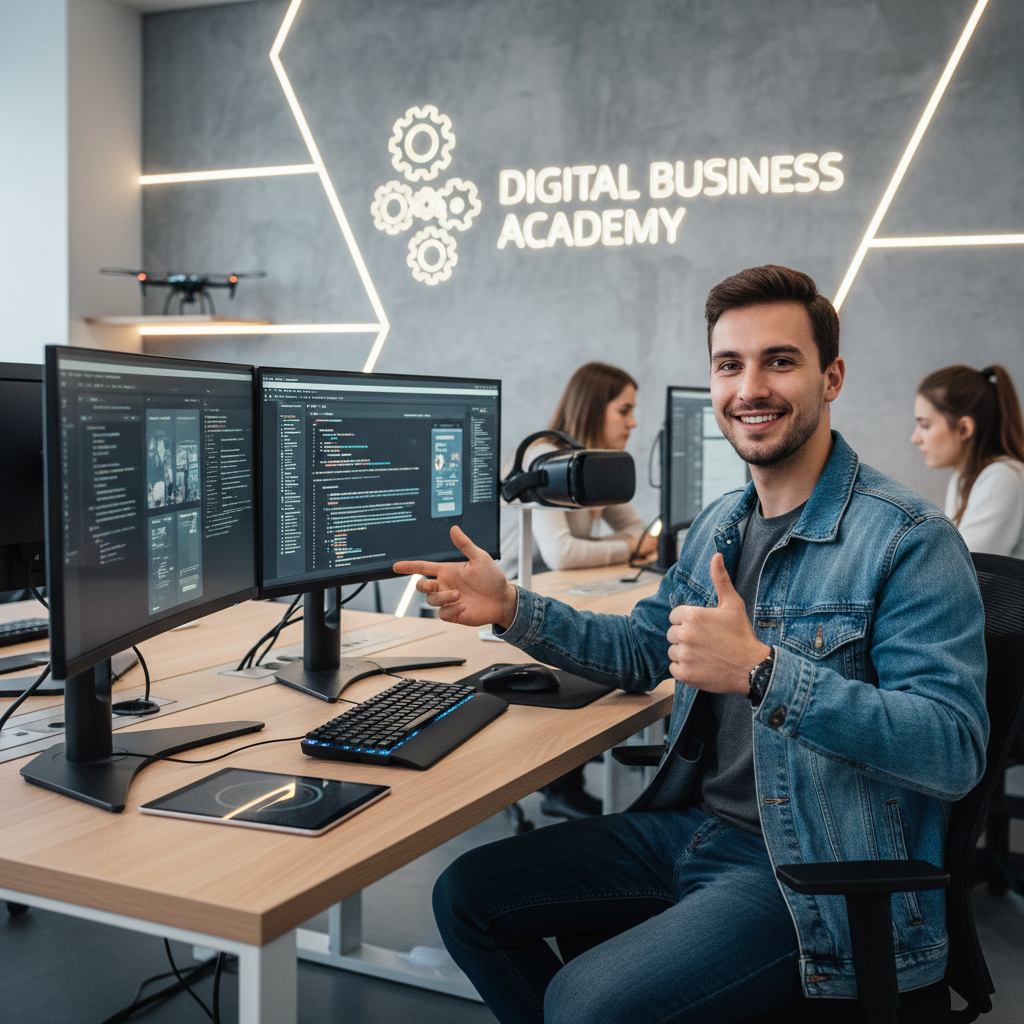 Ein junger motivierter Auszubildender im Bereich digitales Business/Entwicklung, moderne digitale Arbeitsumgebung, freundlich, technikaffin, passend zum Thema Ausbildung, im selben Stil wie die anderen Bilder der Webseite.