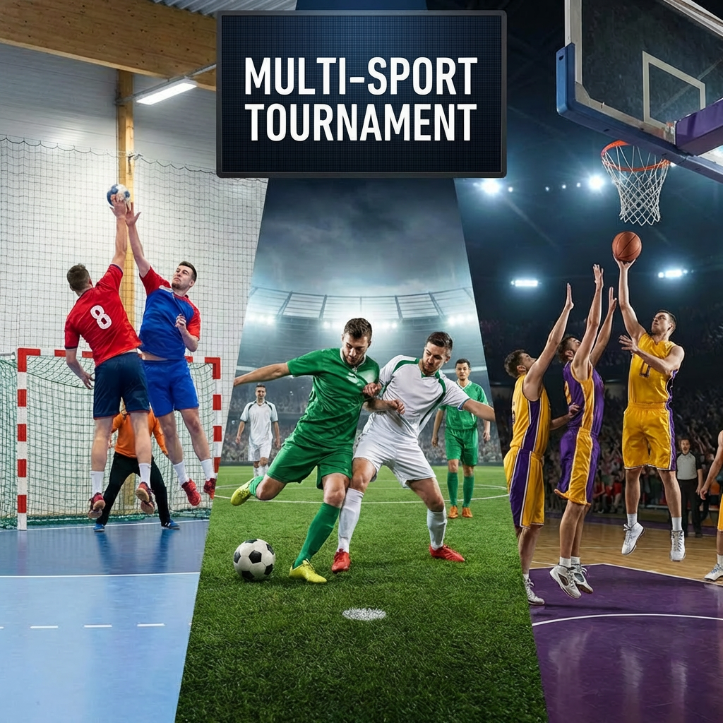 Collage of soccer, basketball, and handball players with text "MULTI-SPORT TOURNAMENT".