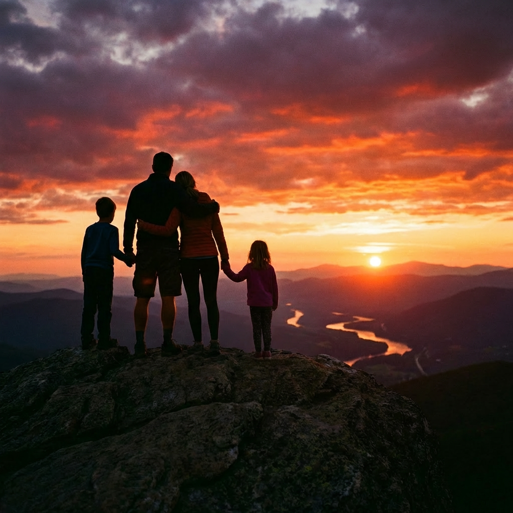 Silhouette of a family and dog on a rocky peak watching a mountain sunset.