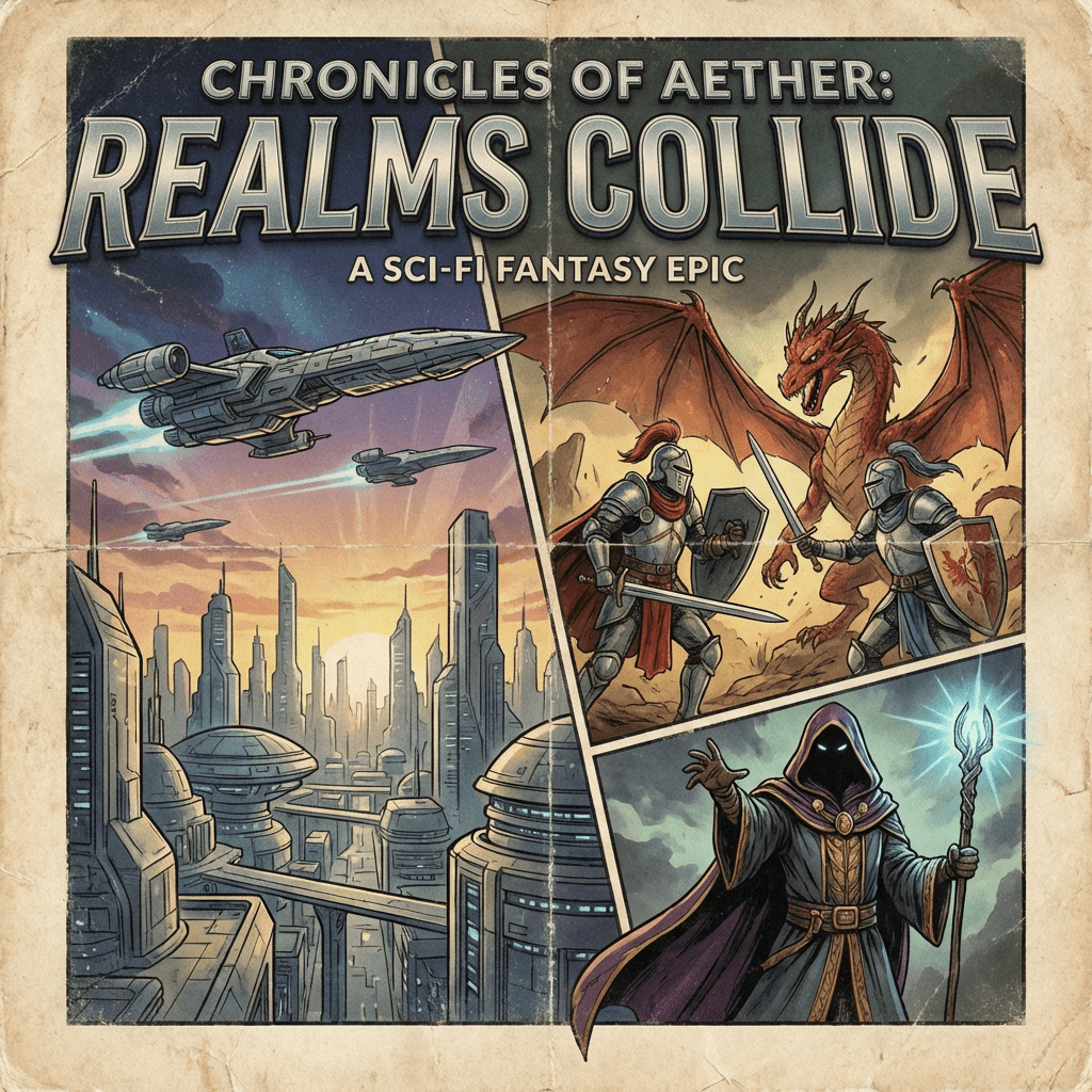 Chronicles of Aether: Realms Collide, a sci-fi fantasy epic featuring spaceships, knights, and dragons.