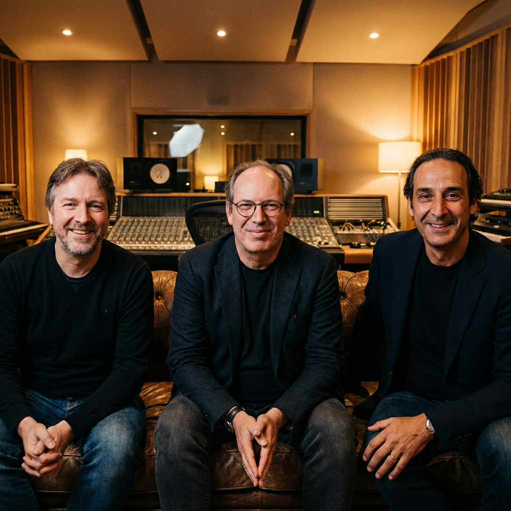 Three men including Hans Zimmer sitting on a leather sofa in a recording studio.